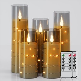 DRomance Flickering Flameless Candles String Lights with 10-Key Remote and Timer Battery Operated LED Pillar Candles Unbreakable Plastic Glass 3D Wick Mood Light Christmas Holiday Decor-5 Pack Black