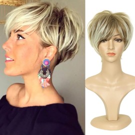 QUEENTAS Short Blonde Wig Pixie Cut Layered Short Hair Wigs for Women Synthetic Hair with Fringe Women's Wigs UK (Brown Mixed Blonde)