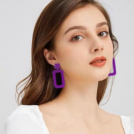 YUNXI 70s Vintage Minimalist Multicolor Acrylic Geometric Square Hollow Drop Dangle Neon Earrings Retro 80s Party Costume Accessory Jewelry for Women With Box (Violet)