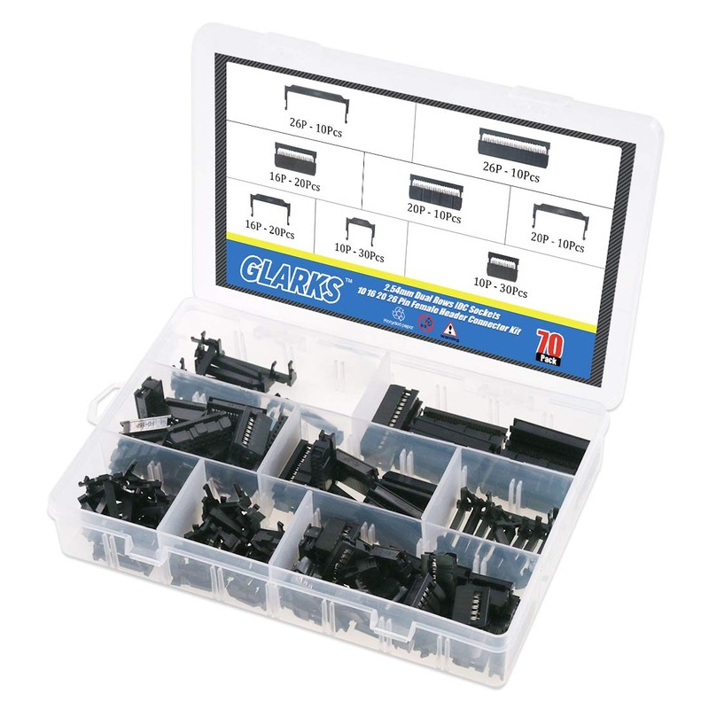 Glarks 70Pcs 2.54mm Pitch Dual Rows IDC Sockets 10 16
