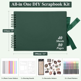 DazSpirit 80 Blank Pages Photo Album for DIY, Scrapbook Photo Book for Gluing, with 12 Markers & 7 Stickers, Guest Book Ideal for Birthday, Family, Weddings, Travel, Dark Green