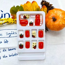LWTZLW Fall Pumpkin French Tip Press on Nails Short Square Thanksgiving Fake Nails with Autumn Lattice Design Glue on Nail Glossy Orange False Nails Reusable Acrylic Stick on Nail for Women