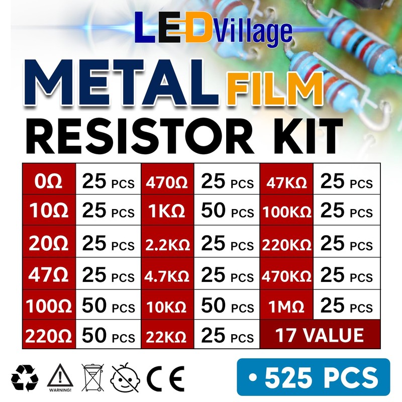 Ledvillage 17 Values Resistor Kit Assortment 0 Ohm-1M Ohm ±1%