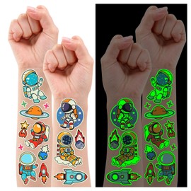 Partywind Glow Space Tattoos for Kids, 150 Styles Luminous Spaceship Planets Astronaut Fake Tattoo Stickers for Space Birthday Party Supplies, Cute Goodie Bag Stuffers for Boys