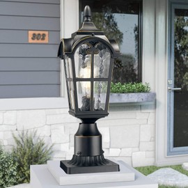 Emliviar Vintage Outdoor Post Lights - Farmhouse Lamp Post Lantern Light Fixture, Black Finish with Water Glass Shade, WE215P BG
