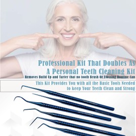 A2Z 6pc Professional Dental Pick Tools Kit, Teeth Cleaning Calculus Remover Tool for Dentist, Personal Using, Pets Oral Care Set - Dental Probe Tartar Scraping & Plaque Removing - Blue Titanium Coated