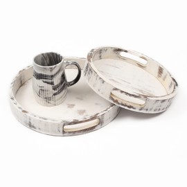 Decorative Coffee Table Tray, Wooden Round Serving Tray for Living Room, Round Wood Tray, Charcuterie Board or Cheese Platter, Countertop Wooden Fruit Tray Baskets, White Set of 2