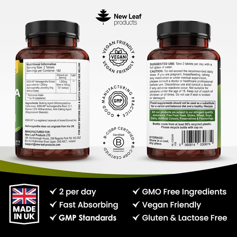 Ashwagandha KSM 66-365 (6 Months Supply) 1200mg Vegan Tablets Pure