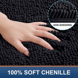 Smiry Chenille Bath Mat, 40 x 60 cm, Non-Slip Super Absorbent Bathroom Mat Extra Soft Fluffy Bath Mats for Bathroom Thick Machine Washable Bathroom Floor Mats Rugs, Black