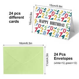 Birthday Card Set with Envelope, Happy Birthday Card Set with Envelopes and Stickers, 24 Pieces Folding Cards 10 x 15 cm, Birthday Greeting Cards for Children Adults