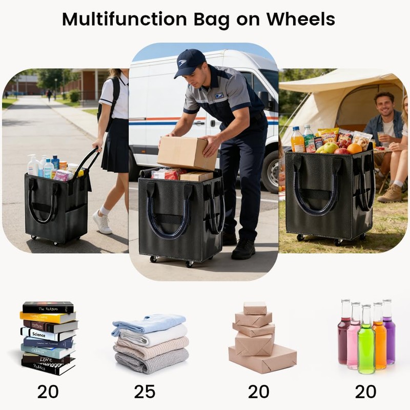 Dexmary Rolling Tote Bag on 4 Wheels, Reusable Grocery Bag