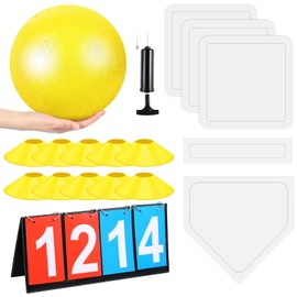 Jenaai 18 Pcs Sports Kickball Set Includes 10 Inches Playground Ball 5 Rubber Throw Down Bases Ball Pump Scoreboard Net Bag 10 Foul Line Cones for Kids Adults Playground School Backyard Game (Yellow)