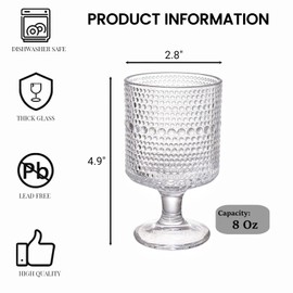 ZOOFOX Set of 6 Romantic Vintage Goblet Glasses, 8 oz Embossed Short Stem Wine Glasses, Hobnail Drinking Glasses Set for Juice, Cocktail, Wine, Party, Bar