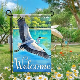 BlissYard Welcome Spring Summer Seabird Coastal Beach Small Decorative Garden Flag Blue Egret Heron Yard Bird Sea Lake Ocean Home Outside Decoration Nautical Tropical Outdoor Decor Double Sided 12x18