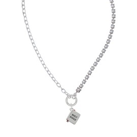 Delight Jewelry Silvertone Bible with Cross Stronger Braver Smarter Mixed Cable and Imitation Pearl Chain Choker Necklace, 14.75-17"