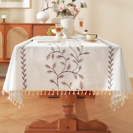Laolitou Square Table Cloth, Embroidery Heavy Duty Cotton Linen Tablecloth, Farmhouse Rustic Waterproof Wrinkle Free Decorative Fabric Table Cover with Tassels, Coffee Vine, 55×55 Inch