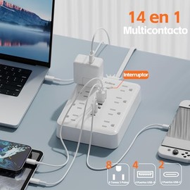 TerHavn Extension electrica Corta 1.5M y Regleta Multicontacto con 8 Tomas y 6 USB (2 USB-C) - supresor de Picos de Voltaje, Enchufe Plano para Dormit