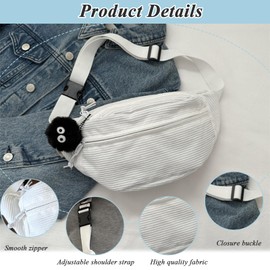 Bum Bag Women's Corduroy Practical Bum Bag Cord Crescent Moon Bag Women's Crossbody Bag Women's Corduroy with Shoulder Strap Adjustable Belt Bag Chest Bag for Work Shopping School Work Shopping, White
