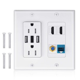 2 Power Outlet 15A with Dual 3.6A USB Charger Port Wall Plate with LED Lighting, IQIAN 2 HDMI HDTV + 1 CAT6 RJ45 Ethernet + Coaxial Cable TV F Type Keystone Face Plate White …