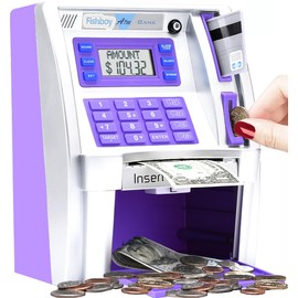 Fishboy ATM Piggy Bank for Kids with Power-Off Memory and Debit Card for Real Money, Onekey Shutdown, Coin Recognition, Target Setting, Bill Feeder, Balance Calculator, Electronic Savings Machine Box