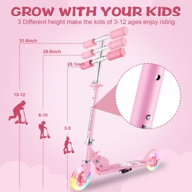 Scooter for Kids Ages 6-12 - Kids Kick Scooters with Led Light Up Wheels & 3 Levels Adjustable Handlebar, Lightweight Foldable 2 Wheel Girly Pink Scooter, Christmas Birthday Gifts for Girls Boys.