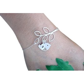 Bird on Branch Leaf Bracelet, Silver Initial Monogram Bracelet, Custom Bracelet, ADJUSTABLE, Mothers, Wedding Jewelry, Bridesmaids gift