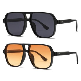 Long Keeper Retro Pilot Sunglasses Aviator Glasses Men Women Square Sunglasses Large 70s Classic Square Pilot Retro Glasses UV400, Black / dark grey + black / orange