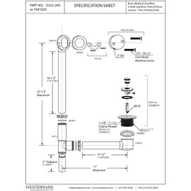 Westbrass D322-20G-62 22-1/2" Brass Bath Waste and Overflow Assembly with Twist & Close Drain Plug and 2-Hole Faceplate, Matte Black