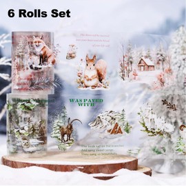 AuriicLeaf Snow Country Forest PET Tape Set, 6 Rolls of Pre-Cut Winter Stickers for Scrapbooking, Junk Journaling, DIY Crafts, and Art Supplies