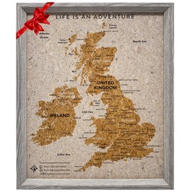 Splosh Travel Map, Desk UK Map Pin Board in Grey, Wooden Frame. Travel Pin Board with 100 Pins in 2 Colours to Personalise and Mark Your Past and Future Adventures, Push Pin UK Map.