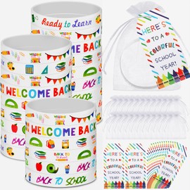Kenning 24 Set Welcome Back to School Rubber Bracelets Gift Set First Day of School Party Supplies Organza Bags and Gift Label Tags Classroom Prizes Gifts Goodie Bag Fillers(White Color)