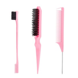 Hair Accessories Comb Set 3Pcs, Tail Comb for Parting Hair, Teasing Comb for Add Volume Fullness, Edge Brush for Edge Control (Pink, One size)