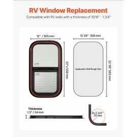 VEVOR Vertical RV Window, 14" W x 22" H Tinted Sliding RV Window with Net Screen & Trim Ring, Fit 15/16" - 1 3/4" Thickness Wall, RV Window Replacement for Teardrop Cargo Trailer Camper, DOT Approved