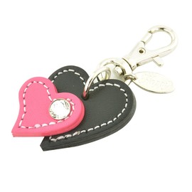 [Happy] Genuine Cow Leather Rhinestone Jewel Happy Charm Heart 10 Colors HC-10 Bag Charm Lead Charm Collar Charm Key Ring, 3. Black x Pink