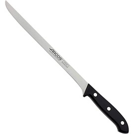 Arcos Slicing Knife/Ham Knife 10 Inch Nitrum Stainless Steel. Ergonomic Polyoxymethylene POM Handle and 250 mm Blade. Very useful utensil especially for slicing ham Series Bolonia. Color Black