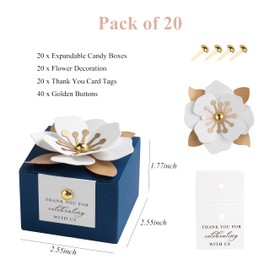 FEIYI 20 PCS Candy Boxes, 3 In 1 Navy Blue Favor Boxes with Floral Decor, White Thank You Tags Gift wrapping for Wedding Birthday Baby Shower Decorations Party -2.55x2.55x1.77''