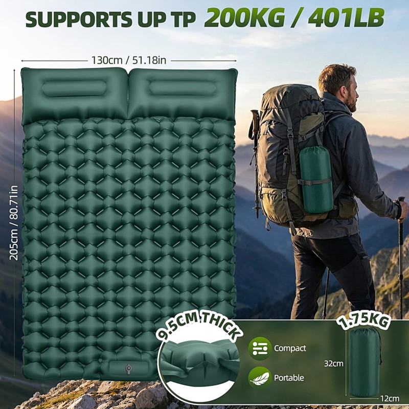 Double Camping Sleeping Pad, 4" Extra Thick 2 Person Inflatable
