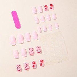 24 Pcs Valentines Press on Nails Medium Square RIICFDD Pink Fake Nails Letter & Red Lips Designs French Nails Glossy Full Cover Stick on Nails Red Heart False Nails for Women Girls Nail Art