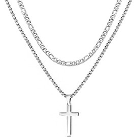 CSIYANJRY99 Layered Cross Necklace for Men Women,Mens Cross Necklace Stainless Steel Cross Chain Pendant Figaro Chain Box Chain Faith Necklace 20 22 Inch Silver Cross Necklace