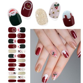 Christmas Semi Cured Gel Nail Strips, Snowflake Winter Glitter Gel Nail Stickers Long Lasting Cute Red Green Santa Claus Holiday Semicured UV Nail Wraps UV Light Required for Women Girls(20Pcs)