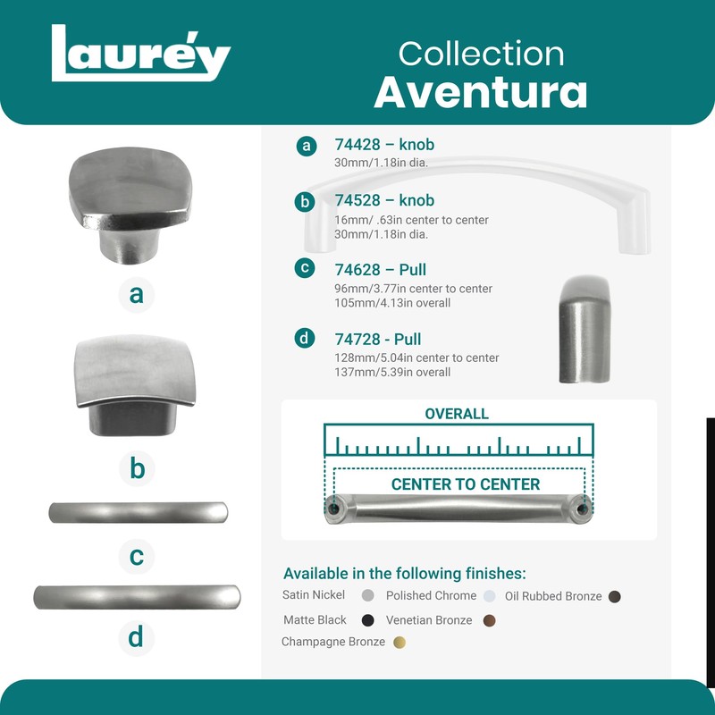 Laurey 74666 Aventura Cabinet Hardware Pull, 3.94 in, Metal, Zinc,