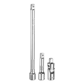 sourcing map 1/4" Drive Socket Extension Set 2" 6" Ratchet Wrench Extension Bar Set Chrome Vanadium Steel Square Drive Socket Set with 1/4" Drive Universal Joint Socket Silver 3-Piece Set