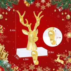 LANLISA Christmas Stocking Holders for Mantle, Xmas Gold 3D Reindeer Stocking Hangers for Mantle, Mantel Stocking Holder - 2 Pack