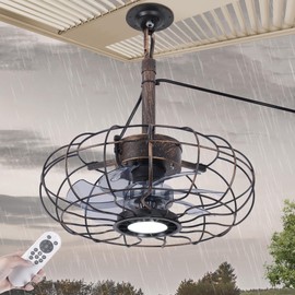 Outdoor Ceiling Fans with Light for Patios Gazebo, 15" Weatherproof Plug in Ceiling Fan, Gazebo Fan Remote, 3CCT Dimmable,Caged Ceiling Fan with Hanging Hook for Porch, Pergola,Canopy, Classical Black