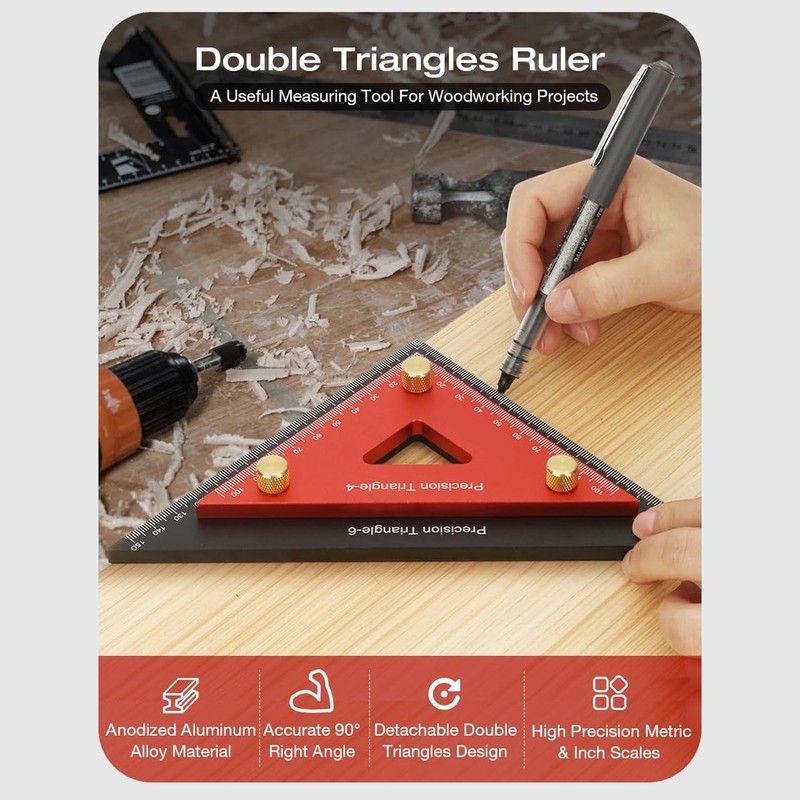 Double Triangle Ruler Detachable 4 Inch and 6 Inch Aluminum