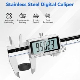Housolution Digital Caliper, 6 Inch Vernier Caliper with Large LCD Screen, Inch/MM Switch, 4 Measuring Ways, Stainless Steel Micrometer Caliper with Splash-proof Screen for Wooden Handpers
