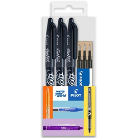 Pilot Frixion Heat/Friction Erasable Rollerball Pen FR7 - Medium Line 0.7mm Tip Nib - Wallet Pack of 3 Pens + 3 Refills (Black)