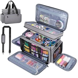 Large Sewing Supplies Organizer, Double Layer Sewing Storage Organizer with Two Detachable Dividers, Travel Sewing Bag Organizer with Shoulder Strap for Accessories, Gray, (Bag Only)