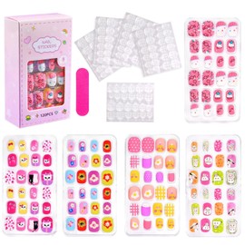 Kids Stick On Nails - 120 PCS Short Square False Nails Kids With Glue- Full Cover Children Press On Nails Sets With Lovely Cartoon Patterns - Fake Nails Stickers Girls Kids DIY Nails Art Decoration
