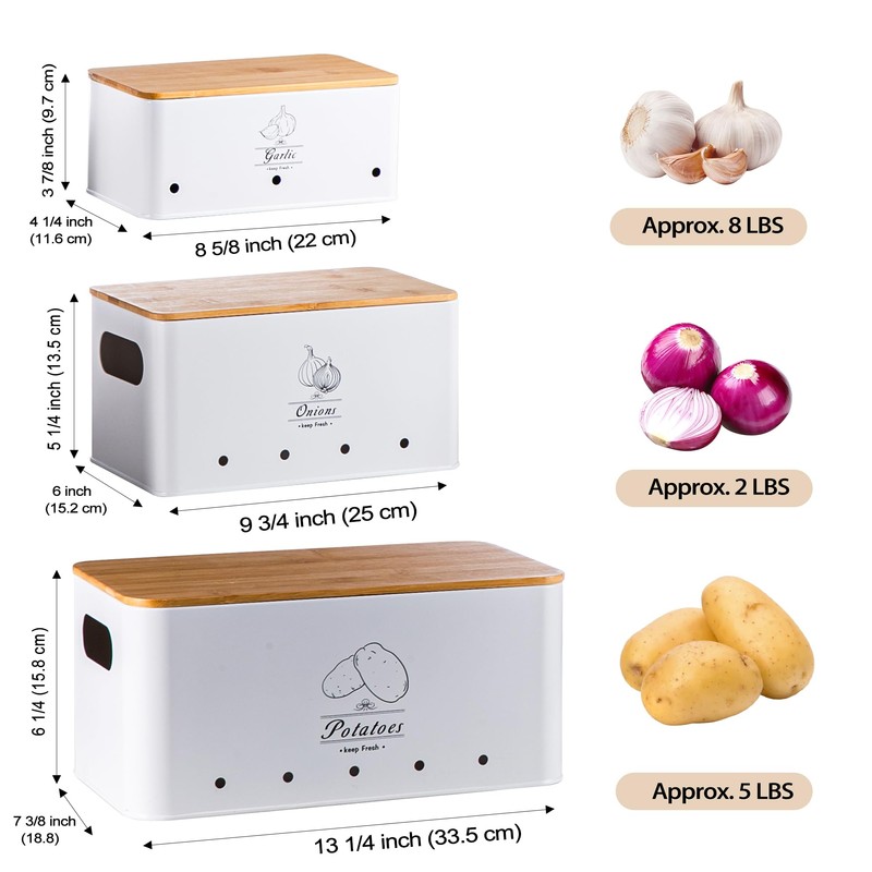 Tenforie Metal Potato Onion and Garlic Storage Tin Set of